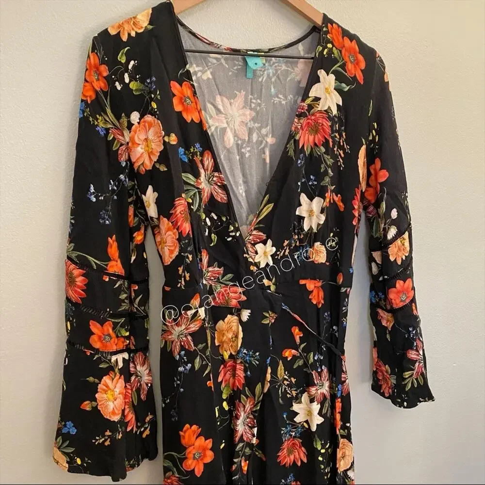 FARM Rio Brazil Black Floral Wrap Front Long Sleeve Maxi Dress Tropical XS - Picture 6 of 16